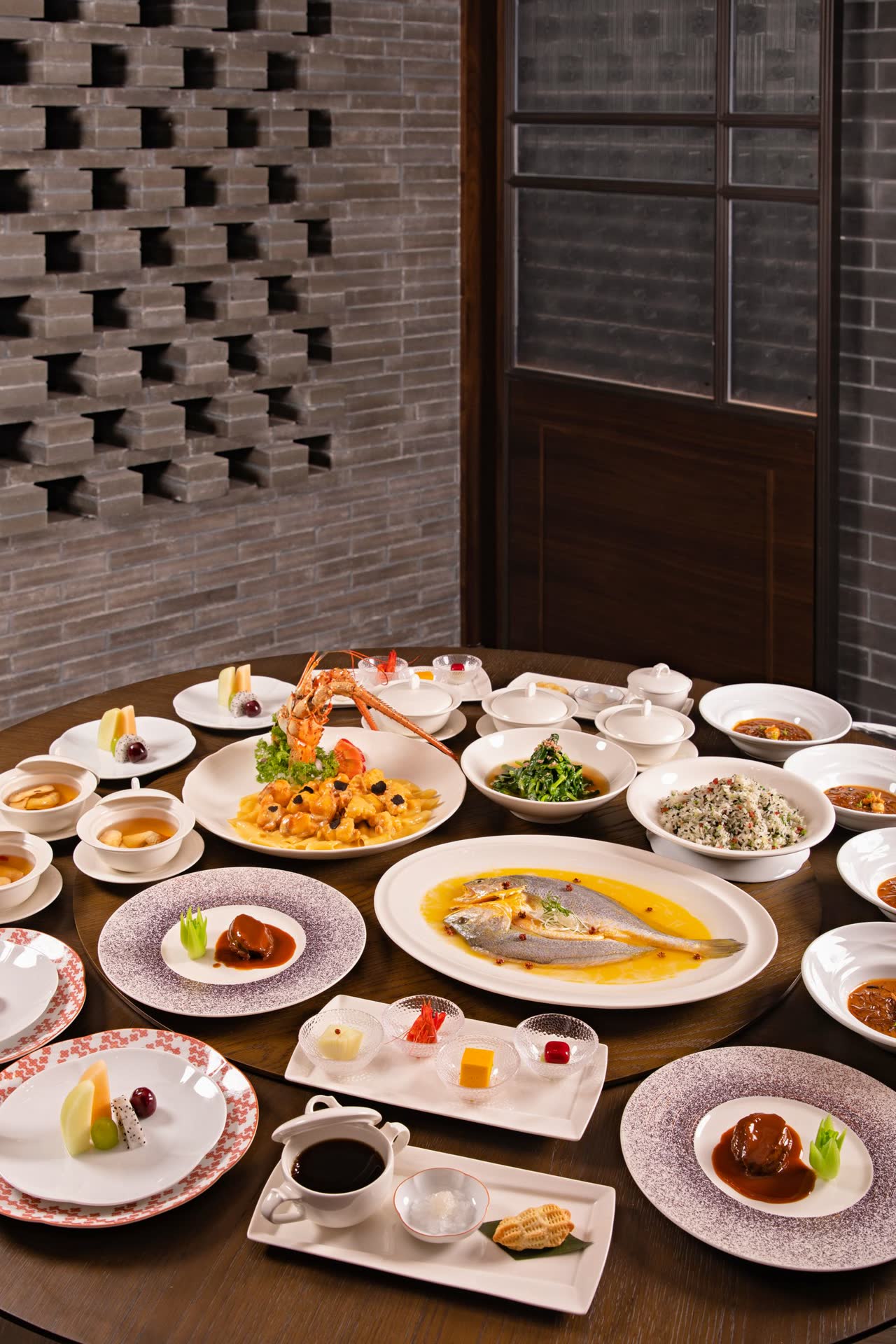 A multi-course seafood banquet laid out family style